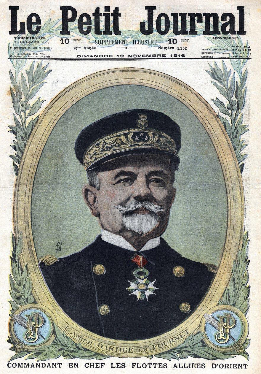 Första världskriget 1914-1918 (kriget 14-18). Porträtt av amiral Dartige du Fournet, överbefälhavare för de allierade flottorna i Orienten. I "" Le Petite Journal"", den 19/11/1916. Privat samling av Anonymous Anonymous