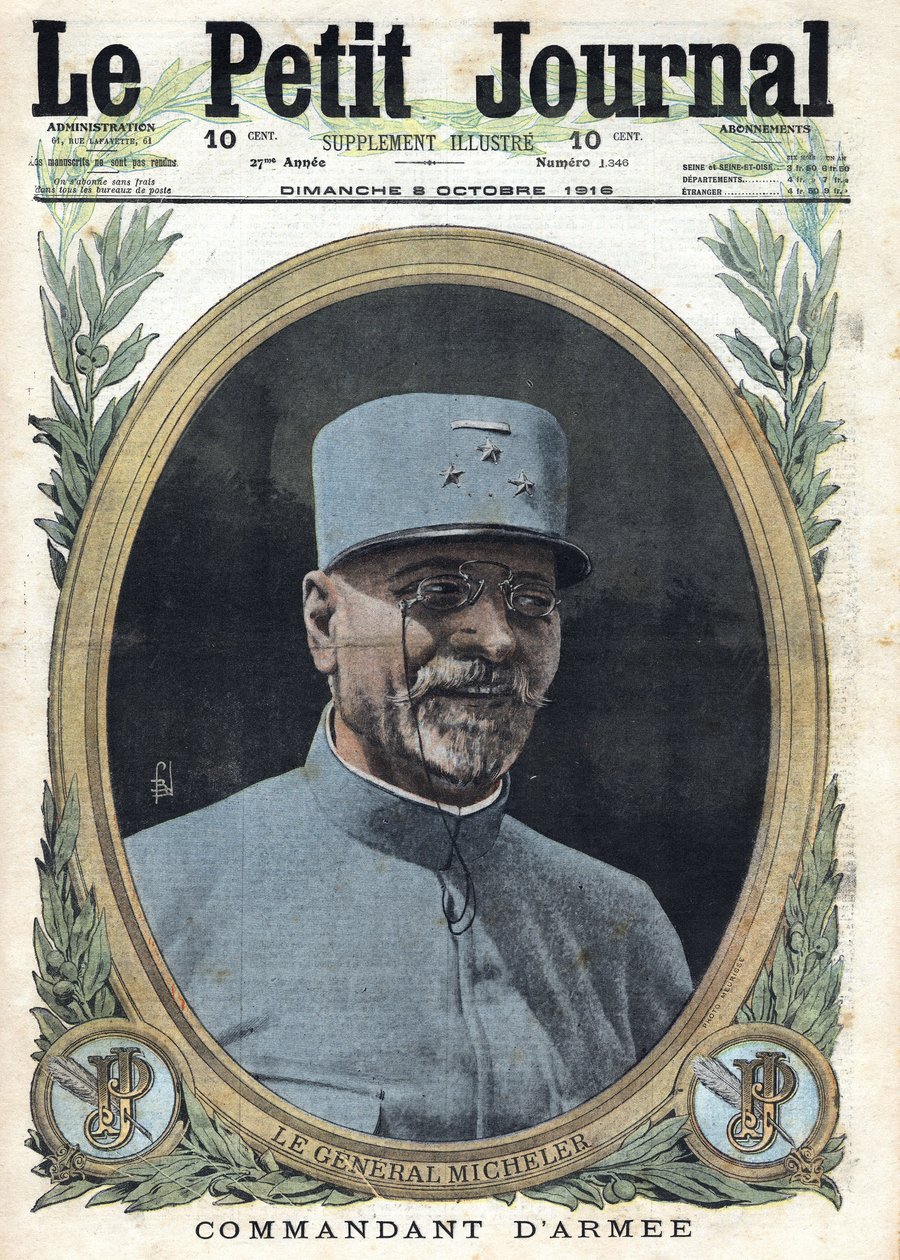 Första världskriget 1914-1918 (kriget 14-18). Porträtt av general Joseph Alfred Micheler (1861-1931) i ”Le Petit Journal”, 1916-10-8 av Anonymous Anonymous