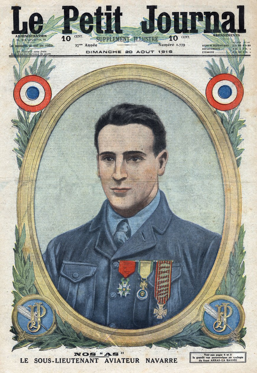 Första världskriget 1914-1918 (kriget 14-18). Porträtt av Jean Navarre (1895-1919) flygare från den franska armén. I "" Le Petité Journal" av Anonymous Anonymous