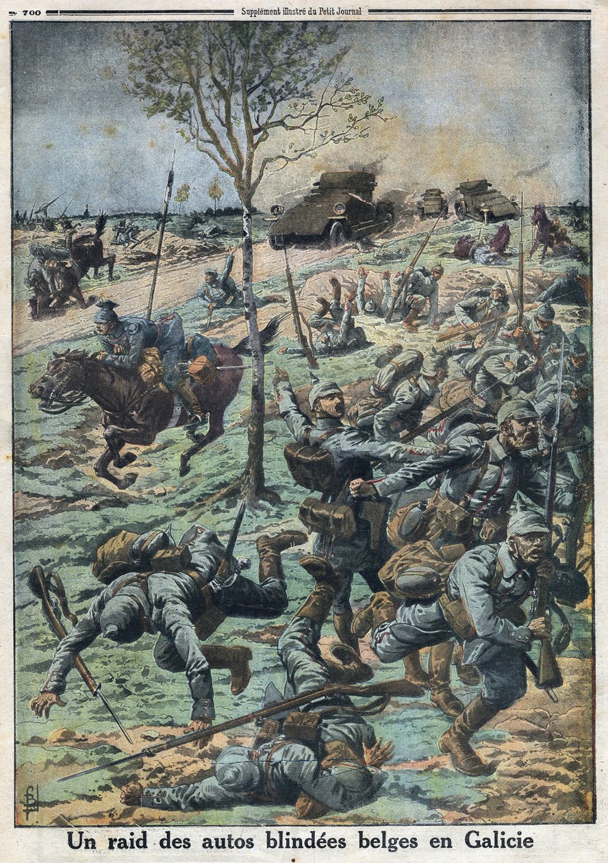 Första världskriget 1914-1918 (kriget 14-18). Räd mot belgiska bilar i Galicien. I "" Le Petite Journal", den 29/10/1916. Privat samling av Anonymous Anonymous
