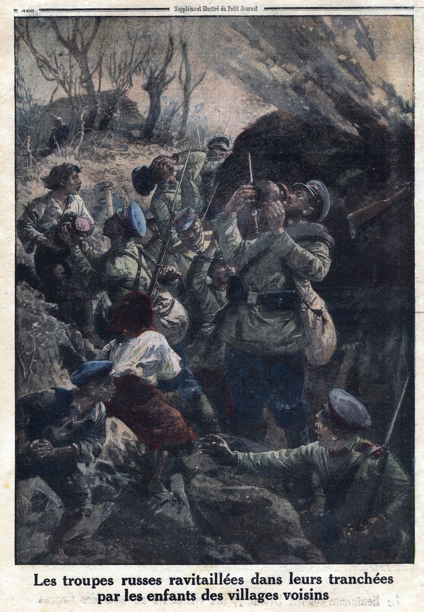 Första världskriget 1914-1918 (kriget 14-18). Ryska militära trupper tankade i sina skyttegravar av barn från närliggande byar. I "" Le Petite Journal"", den 02/04/1916. Privat samling av Anonymous Anonymous