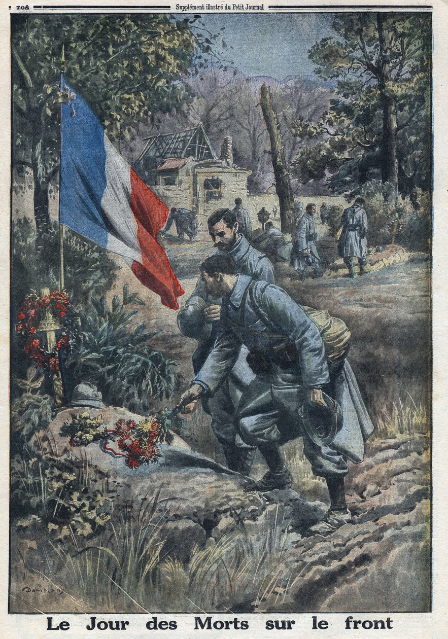 Första världskriget 1914-1918 (kriget 14-18). De dödas dag på fronten: Soldater på Allhelgonadagen blommar de fallna soldaternas grav. I "" Le Petite Journal"", den 5/11/1916. Privat samling av Anonymous Anonymous
