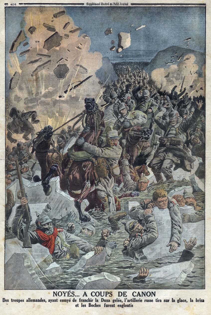 Första världskriget 1914-1918 (kriget 14-18). Den tyska armén försöker korsa floden Duna gele men det ryska artilleriet sköt på isen med en pistol och dränkte den tyska armén (med smeknamnet Boche i texten) I "" The Petity Journal"" av Anonymous Anonymous