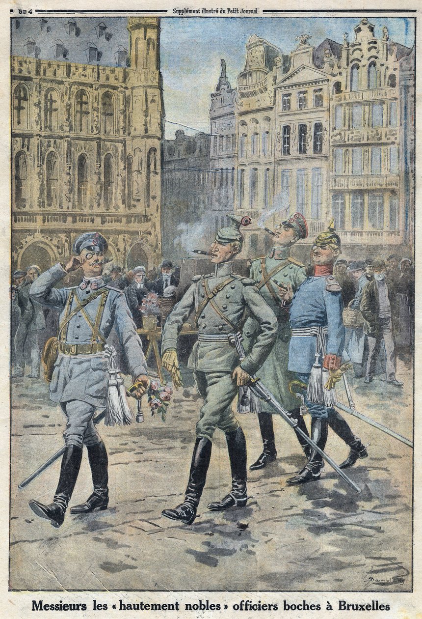 Första världskriget 1914-1918 (kriget 14-18). De tyska officerarna i Bryssel representerade som "högt ädla boches". I "" Le Petite Journal"", den 28/05/1916. Privat samling av Anonymous Anonymous