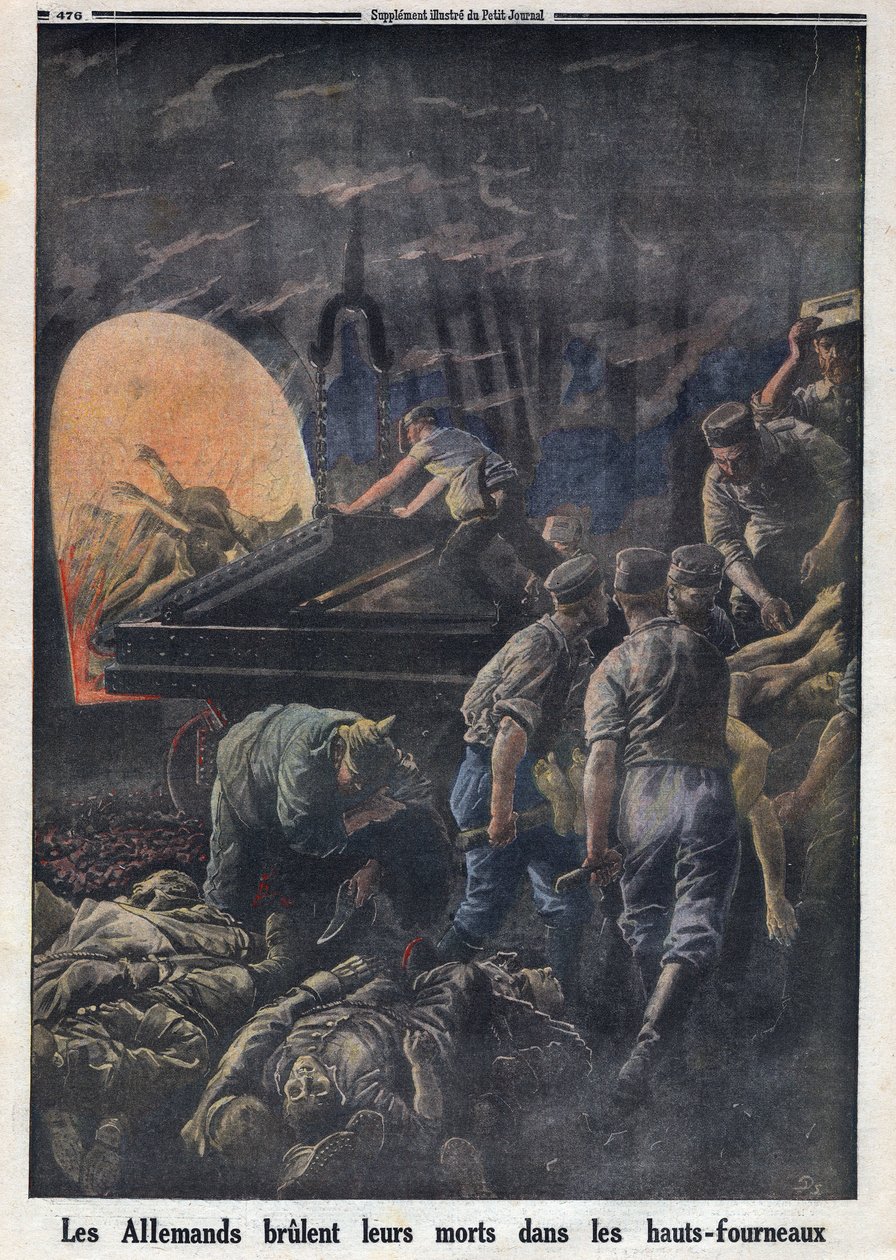 Första världskriget 1914-1918 (kriget 14-18). Tyskarna bränner döda soldater i ugnarna. I "" Le Petite Journal"", den 23/04/1916. Privat samling av Anonymous Anonymous