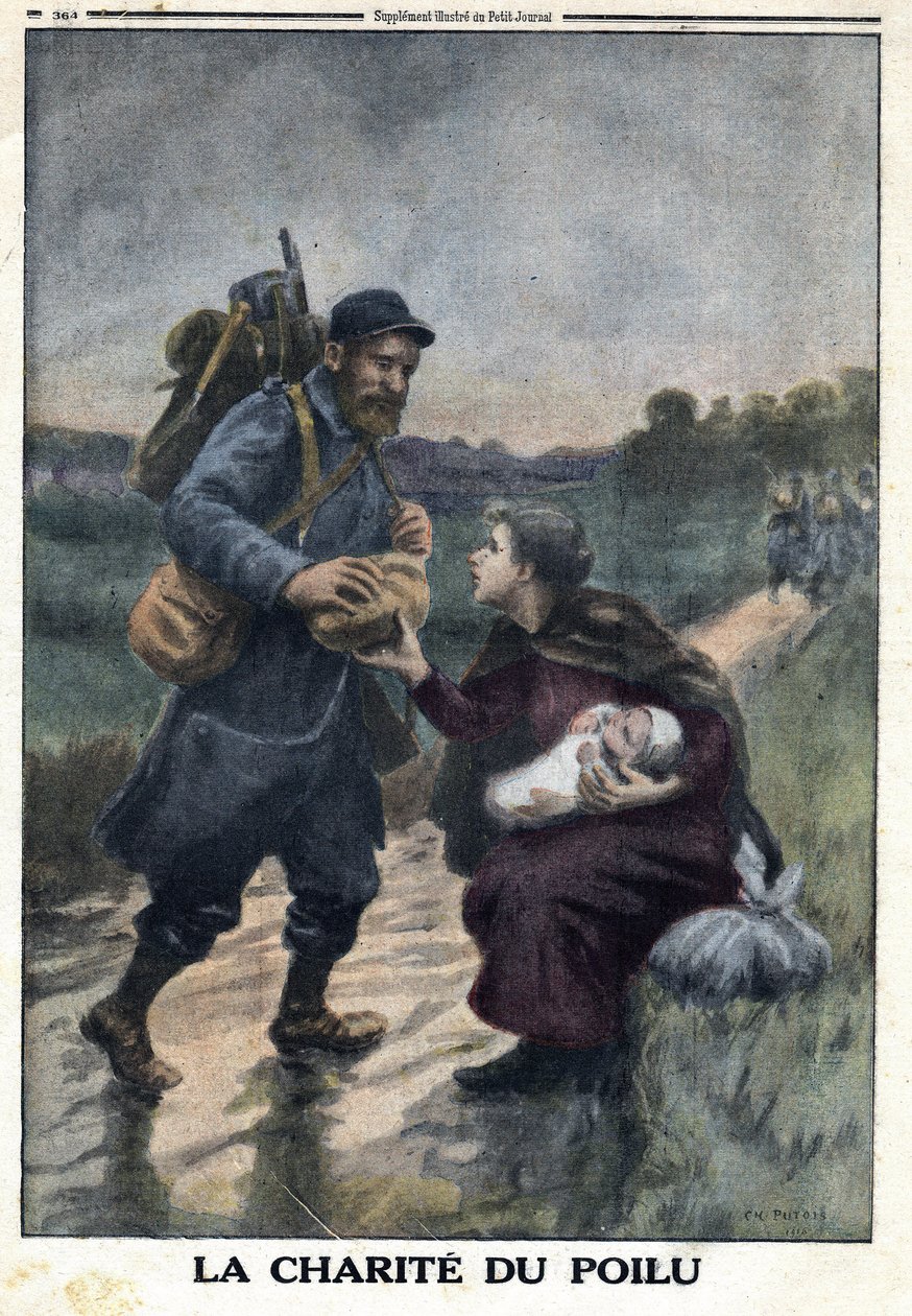 Första världskriget 1914-1918 (kriget 14-18). De hårigas välgörenhet: en fransk soldat på en stig stannar för att erbjuda bröd till en kvinna som är ensam med sitt barn. I "" Le Petite Journal"", den 9/01/1916. Privat samling av Anonymous Anonymous