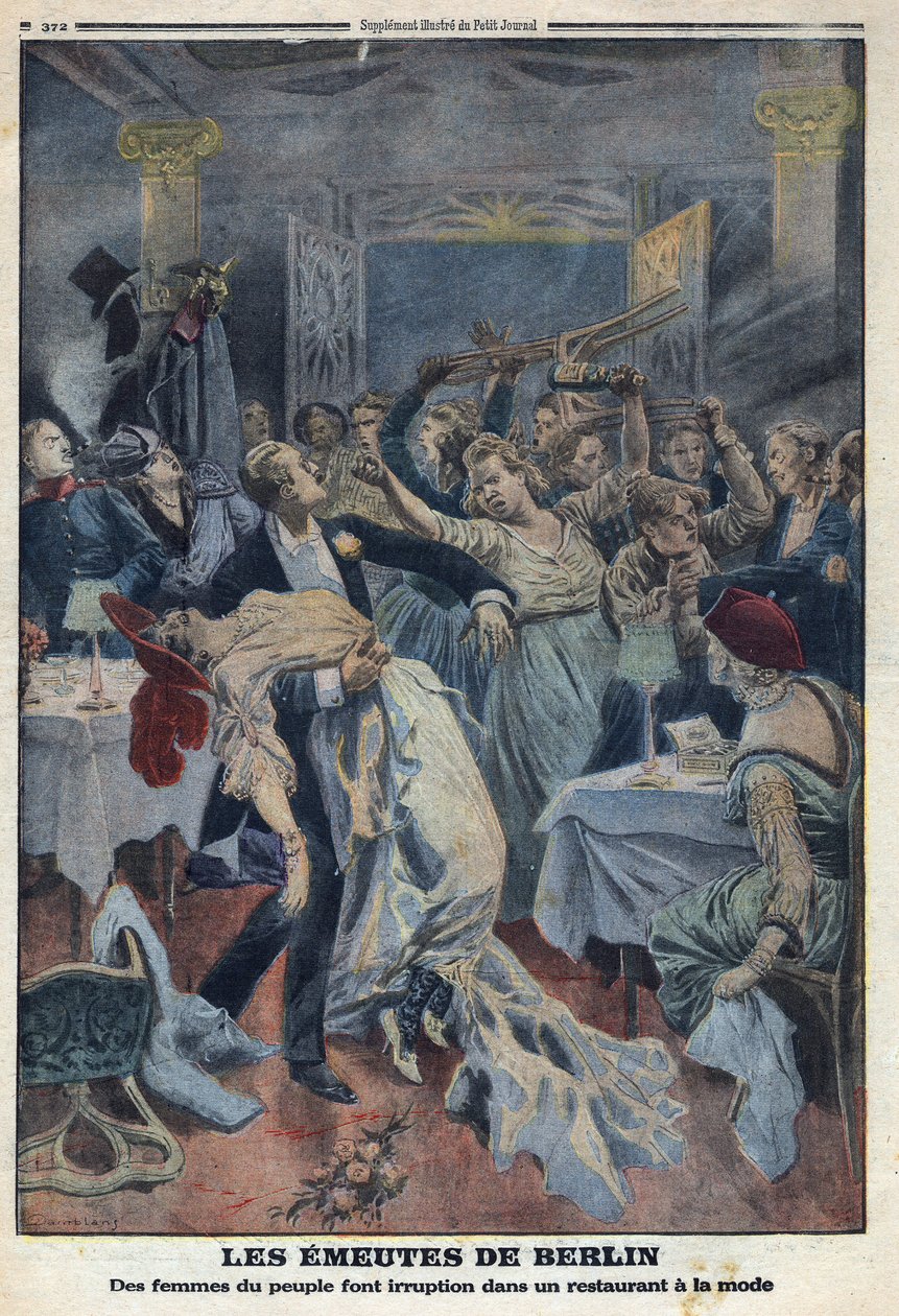 Första världskriget 1914-1918 (kriget 14-18). Folkets kvinnor bryter sig in på en fashionabel restaurang och kräver att sina män ska återvända. I "" Le Petite Journal"", den 16/01/1916. Privat samling av Anonymous Anonymous