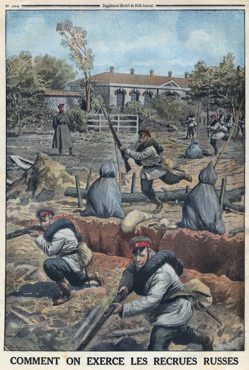 Första världskriget 1914-1918 (kriget 14-18). Utbildning av unga soldater rekryterade av den ryska armén. I "" Le Petite Journal"", den 30/04/1916. Privat samling av Anonymous Anonymous