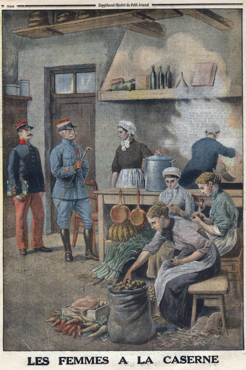 Första världskriget 1914-1918 (kriget 14-18). Kvinnor lagar mat i kasernernas kök. Tre kockar i potatiscorveen, skala potatisen. I "" Le Petite Journal"", den 7/05/1916. Privat samling av Anonymous Anonymous