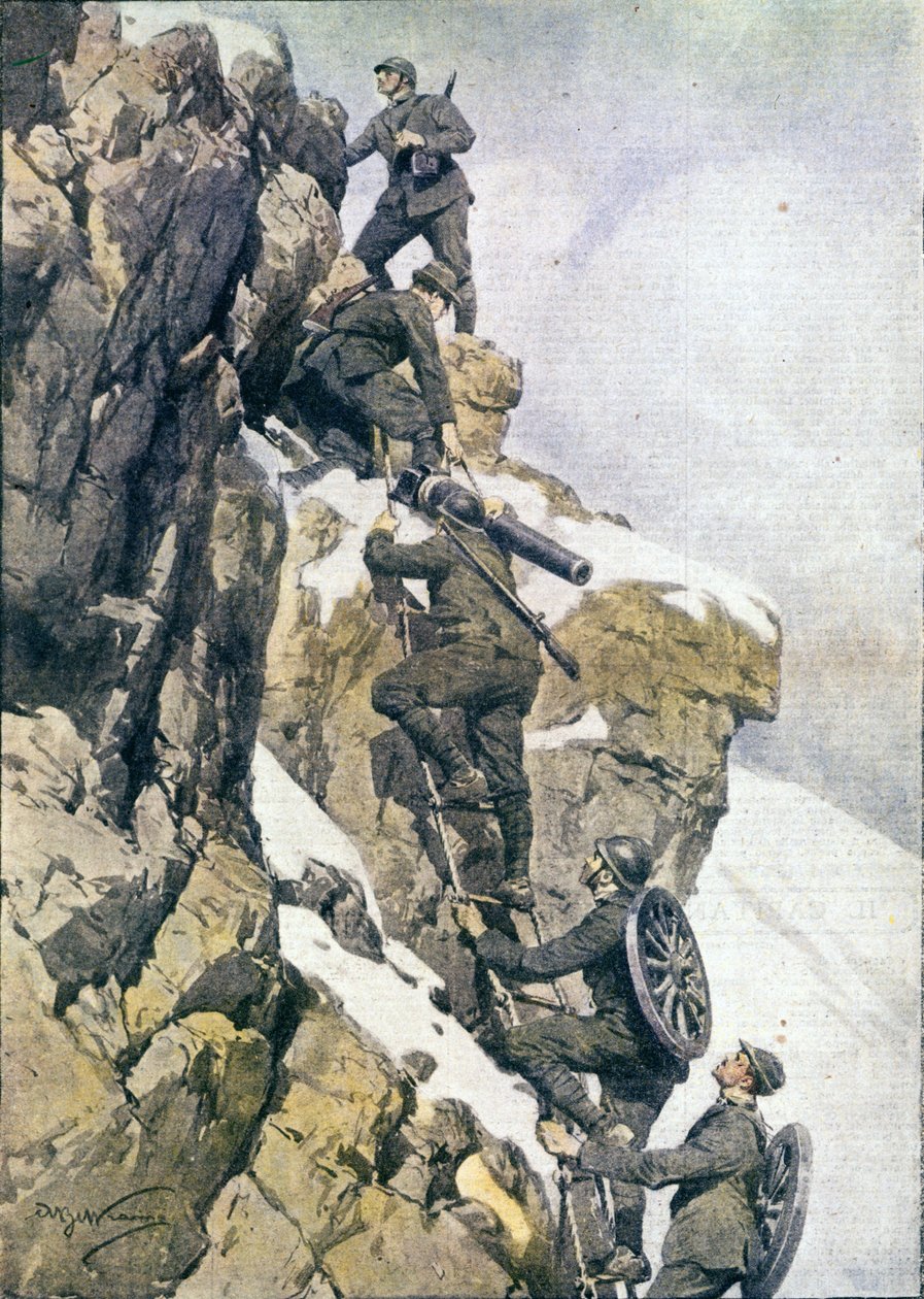 Första världskriget: "" Italienska alpina jägare (alpino eller alpini) som bär material på en topp av de italienska alperna av Anonymous Anonymous