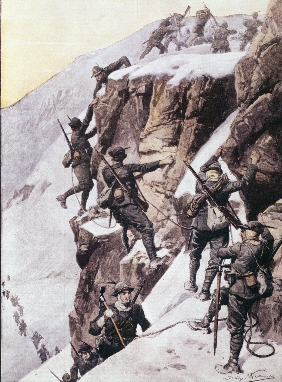 Första världskriget: Italienska alpina jägare (alpino eller alpini) som klättrar toppen av Tuckettspitze (Tuckett-Spitze eller Tuckett-toppen), Alperna cirka 1915 Illustration från "La domenica del corriere"" av Anonymous Anonymous