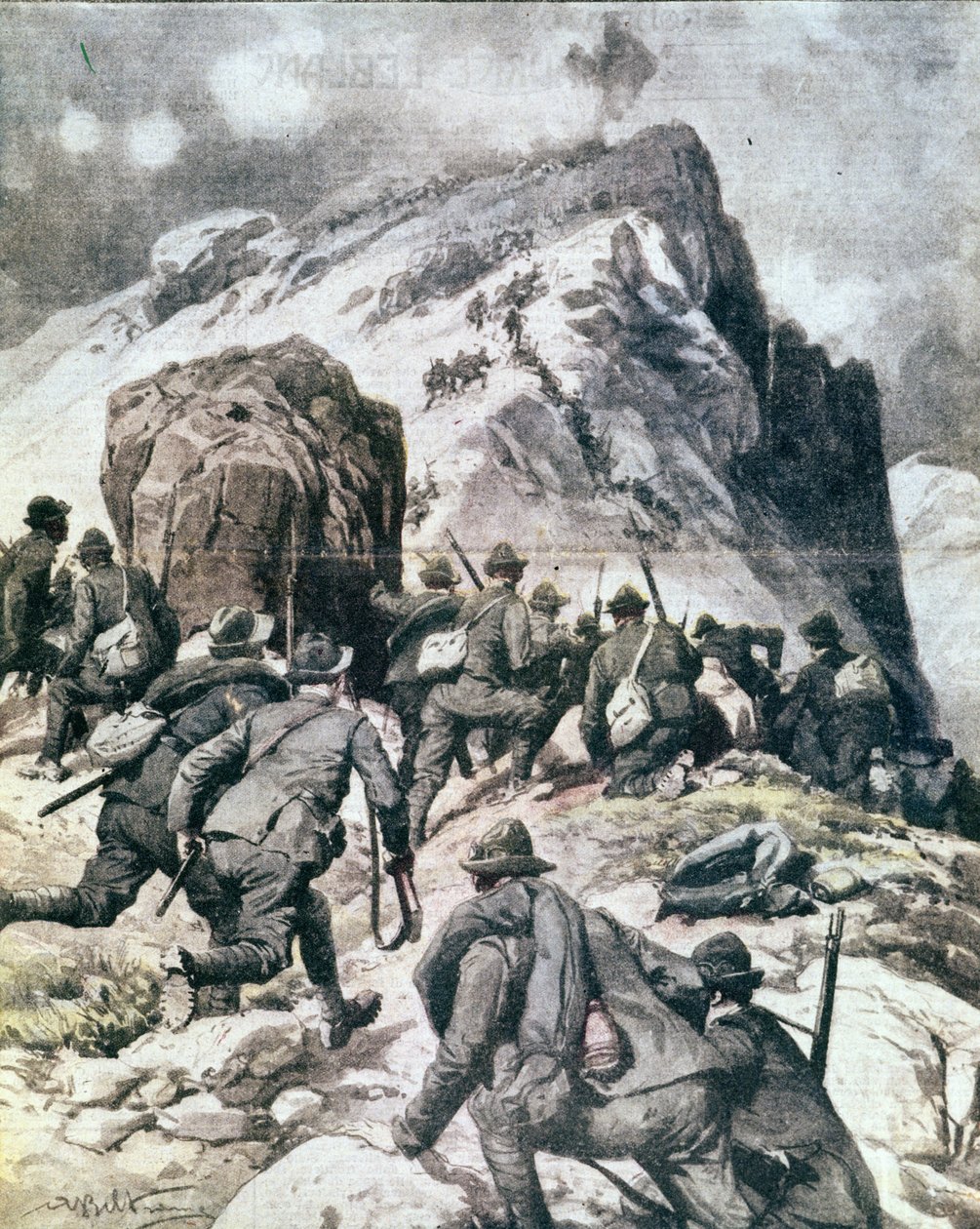 Första världskriget: "" Italienska alpina jägare (alpino eller alpini) klättrar till toppen av Cauriol, italienska alperna"" 1916 Illustration från "La domenica del corriere"" av Anonymous Anonymous