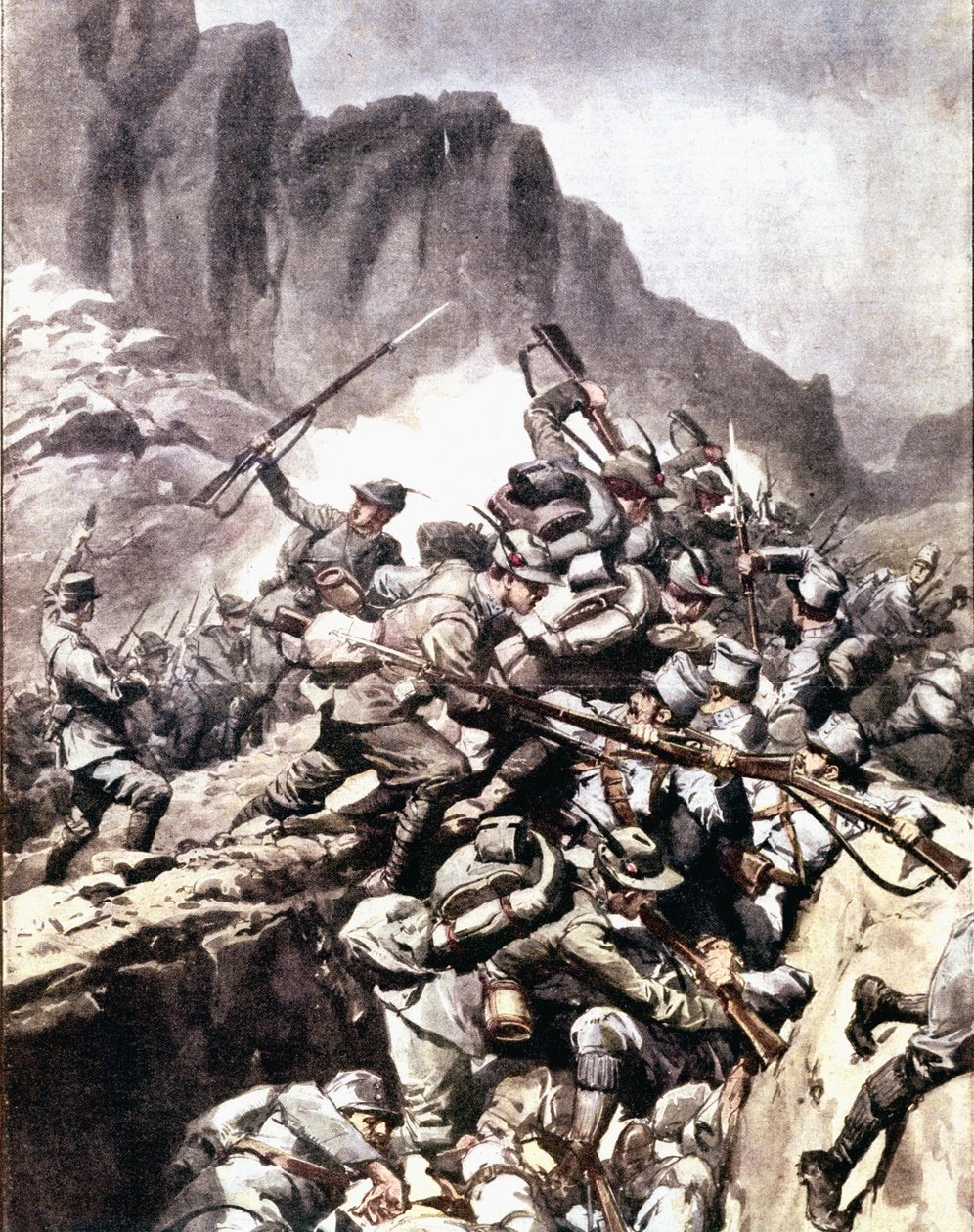 Första världskriget: "" sammandrabbningar mellan italienska alpina jägare (alpino eller alpini) och soldater från den österrikisk-ungerska armén i Val d