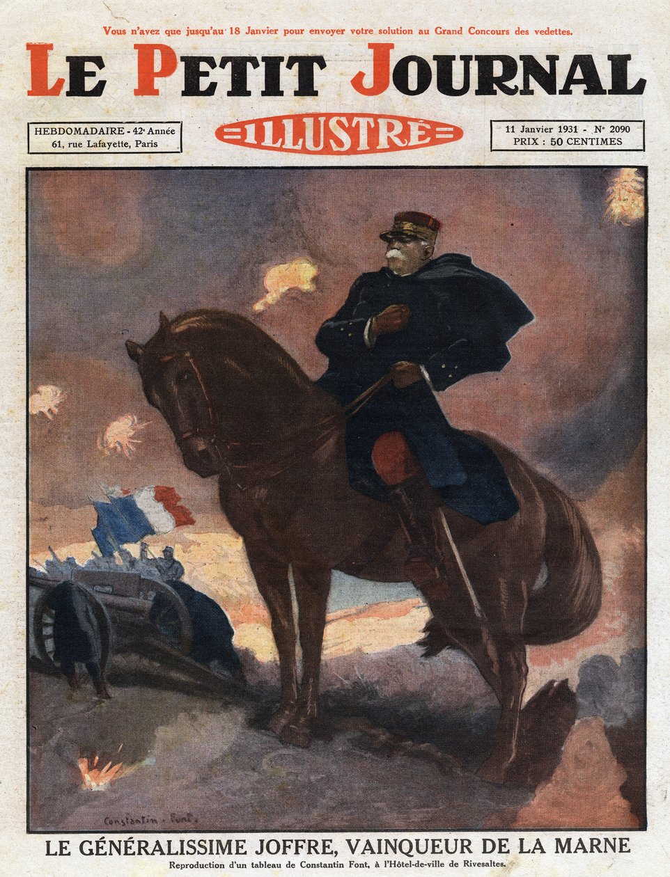 Första världskriget: porträtt av general Joseph Joffre (1852-1931) till häst, föreställande som segrare på slagfältet La Marne (september 1914)” Illustration från en målning av Constantine Font. Gravyr från "Le petit journal illustrious"" från 1931. av Anonymous Anonymous
