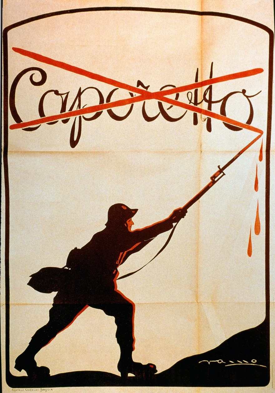 Första världskriget: affisch publicerad med anledning av Caporettos nederlag (eller slaget vid Karfreit) i slutet av oktober 1917 som föreställer en soldat från den italienska armén som tog bort namnet "Caporetto" från spetsen av sin baonette. Illustratöre av Anonymous Anonymous