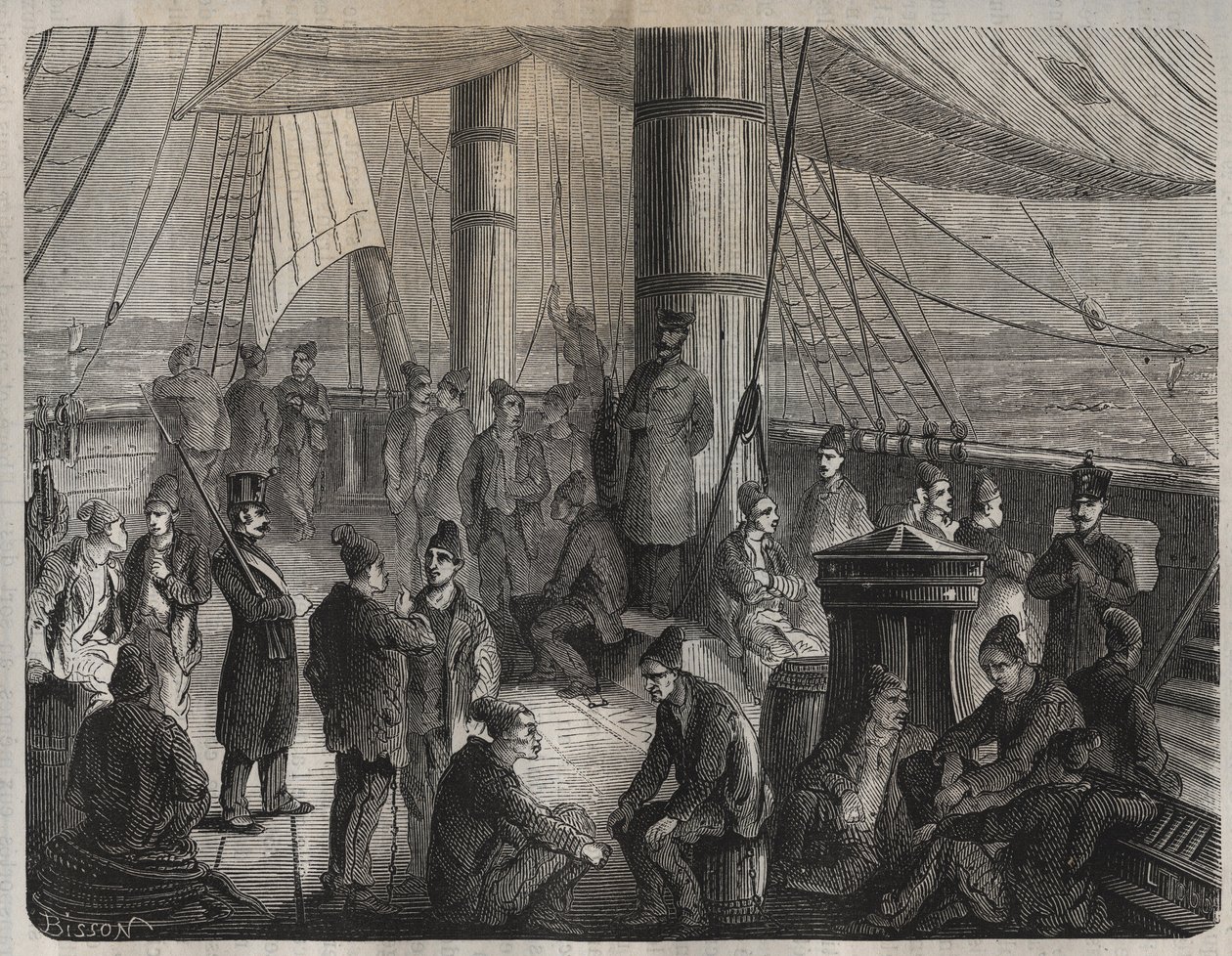 Första konvojen av styrkor från Toulon till Cayenne (Guyana) enligt dekretet av den 8 december 1851. Ingravering i "Fångarnas historia från deras skapelse till våra dagar" (1877) av Pierre Zaccone (1817-1895) (Colonia Penale - Penal) koloni). Privat samlin av Anonymous Anonymous