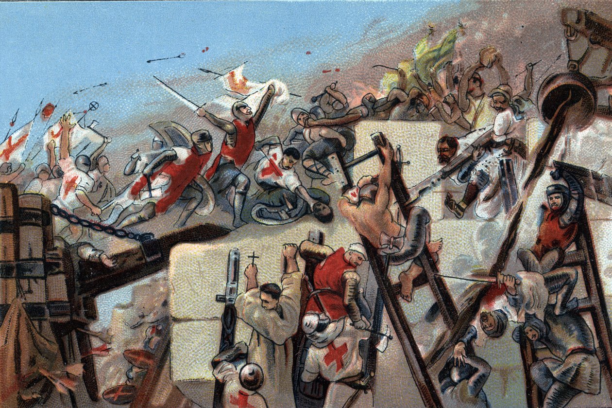 Första korståget (1096-1099): intagandet av Jerusalem av kryssen ledda av Godefroy (Godefroi) av Bouillon (1061-1100) den 15 juli 1099. Reklamkromolitografi av Antoine-choklad i Bryssel, början av 1900-talet. Privat samling av Anonymous Anonymous