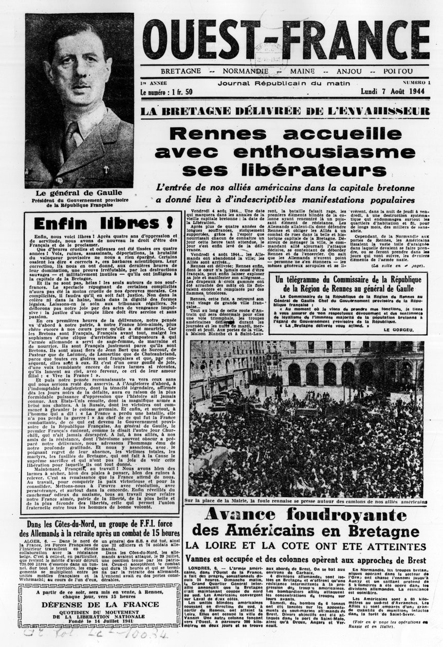 Första numret av Västra Frankrike från 7 augusti 1944: La La La La Liberation i västra Frankrike och General de Gaulle - fotografi, B.N. av Anonymous Anonymous