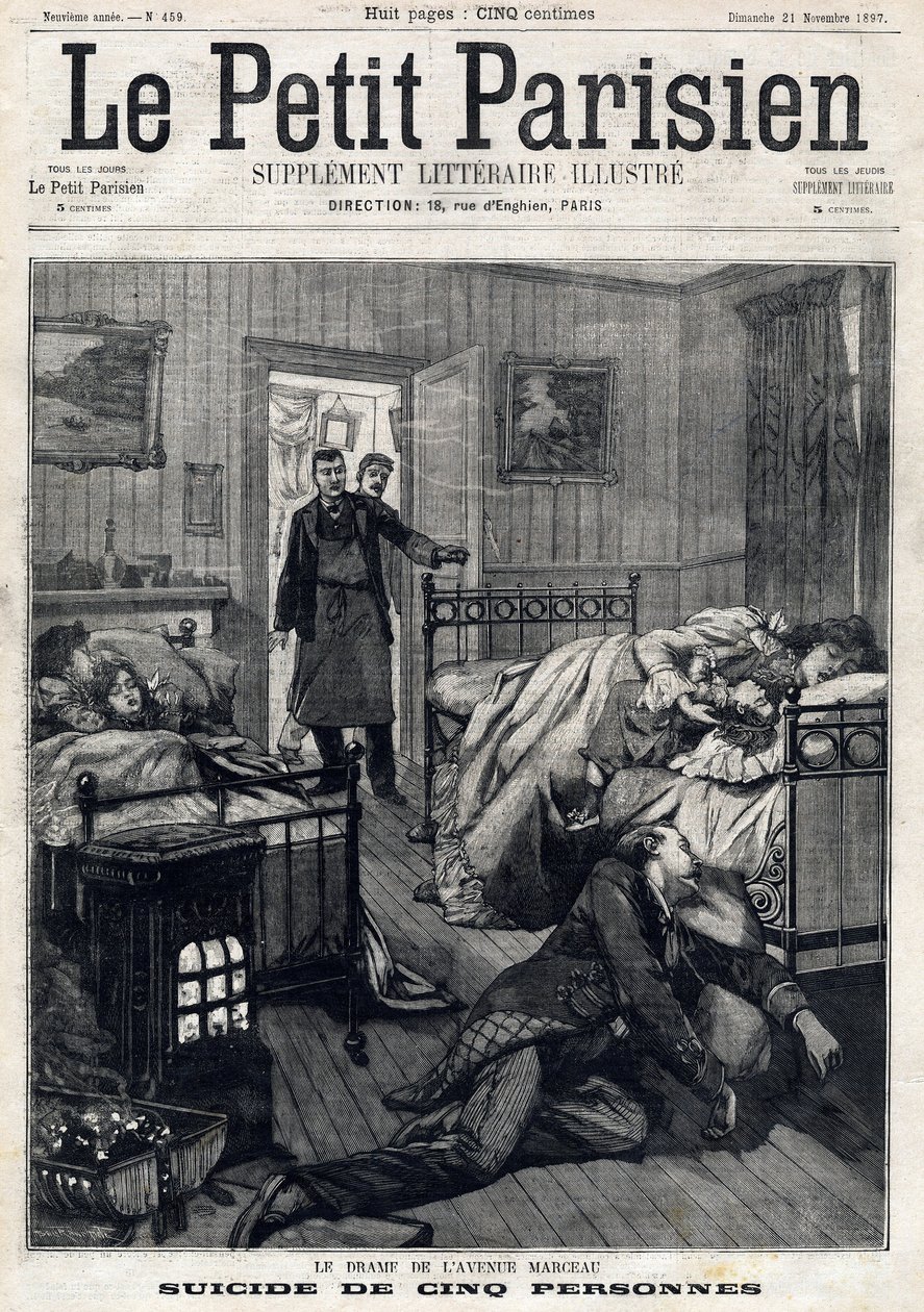 Fem självmord på Avenue Marceau i Paris. I "" Le Peute Parisien"" den 21/11/1897. Privat samling av Anonymous Anonymous