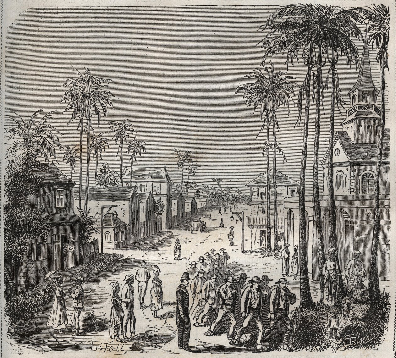 Forcats kommer att arbeta på fängelset Saint-Laurent (Saint-Laurent) i Cayenne (Franska Guyana) på 1800-talet. Gravyr i "Historia om fängelserna från deras tillkomst till våra dagar" (1877) av Pierre Zaccone (1817-1895) (Colonia Penale - Straffkoloni) av Anonymous Anonymous