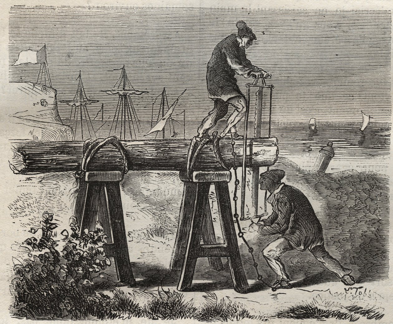 Forcats saweurs av fängelset Saint-Laurent (Saint-Laurent) i Cayenne (Franska Guyana) på 1800-talet. Gravyr i "Fångarnas historia från deras skapelse till idag" (1877) av Pierre Zaccone (1817-1895) (Colonia Penale - Straffkoloni). Privat c av Anonymous Anonymous