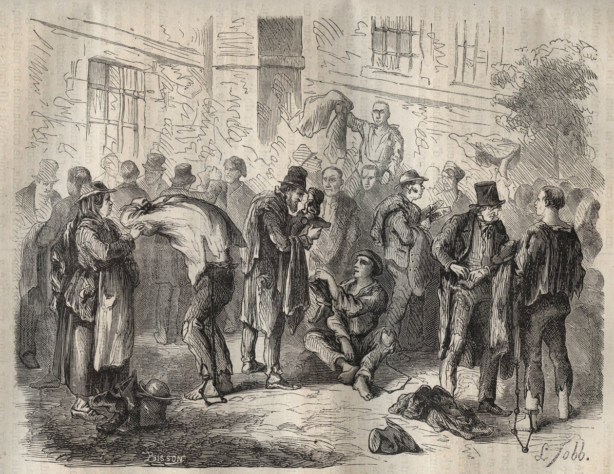 Forcats sålde sina tillhörigheter innan de gick in i Toulon Bagne på 1800-talet. Gravyr i "Fångarnas historia från deras skapelse till idag" (1877) av Pierre Zaccone (1817-1895) (Colonia Penale - Straffkoloni). Privat samling. av Anonymous Anonymous