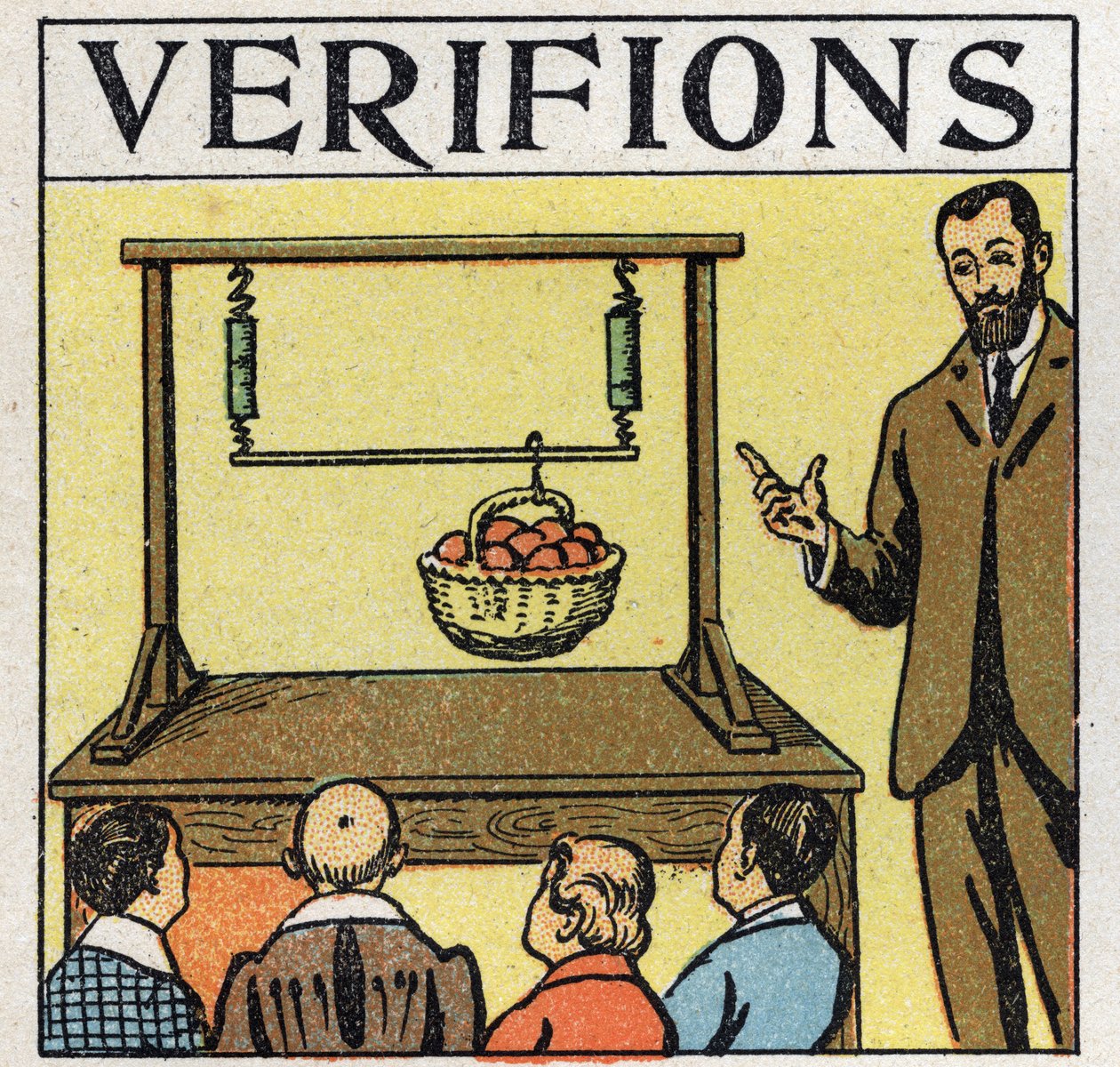 Krafter: parallella krafter. Korg med äpplen lyft med en stång som hålls av två fjädrar. Anonym illustration från 1925. Privat samling. av Anonymous Anonymous