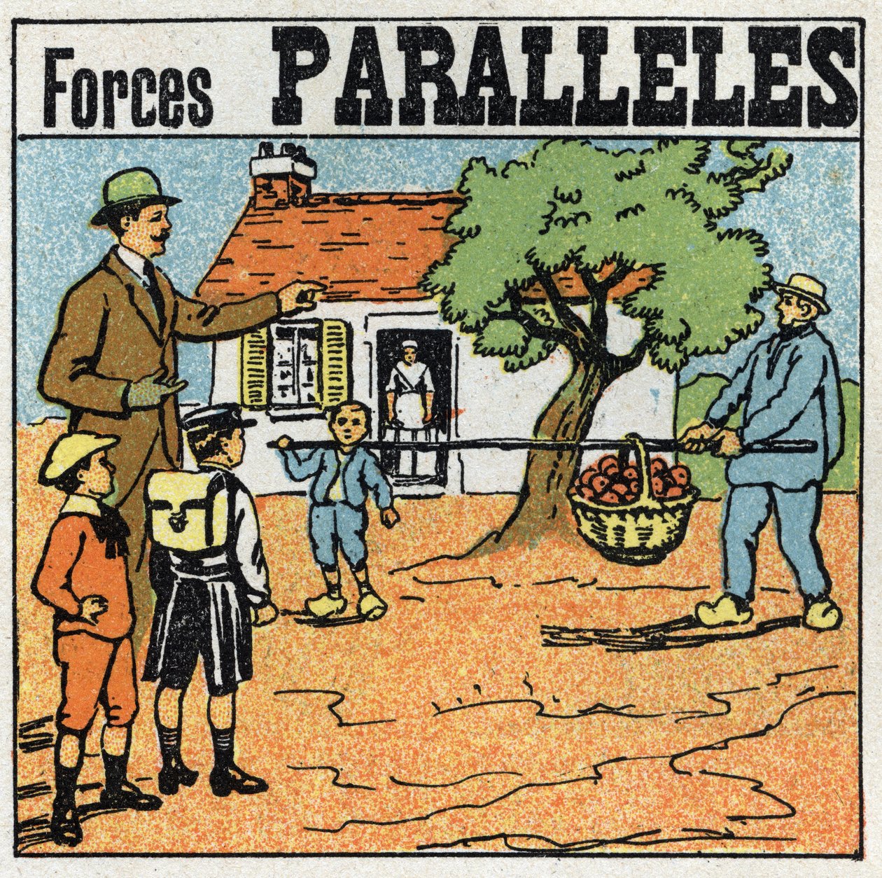 Krafter: parallella krafter. Korg med äpplen lyfter med en stång av två män av olika krafter. Anonym illustration från 1925. Privat samling. av Anonymous Anonymous