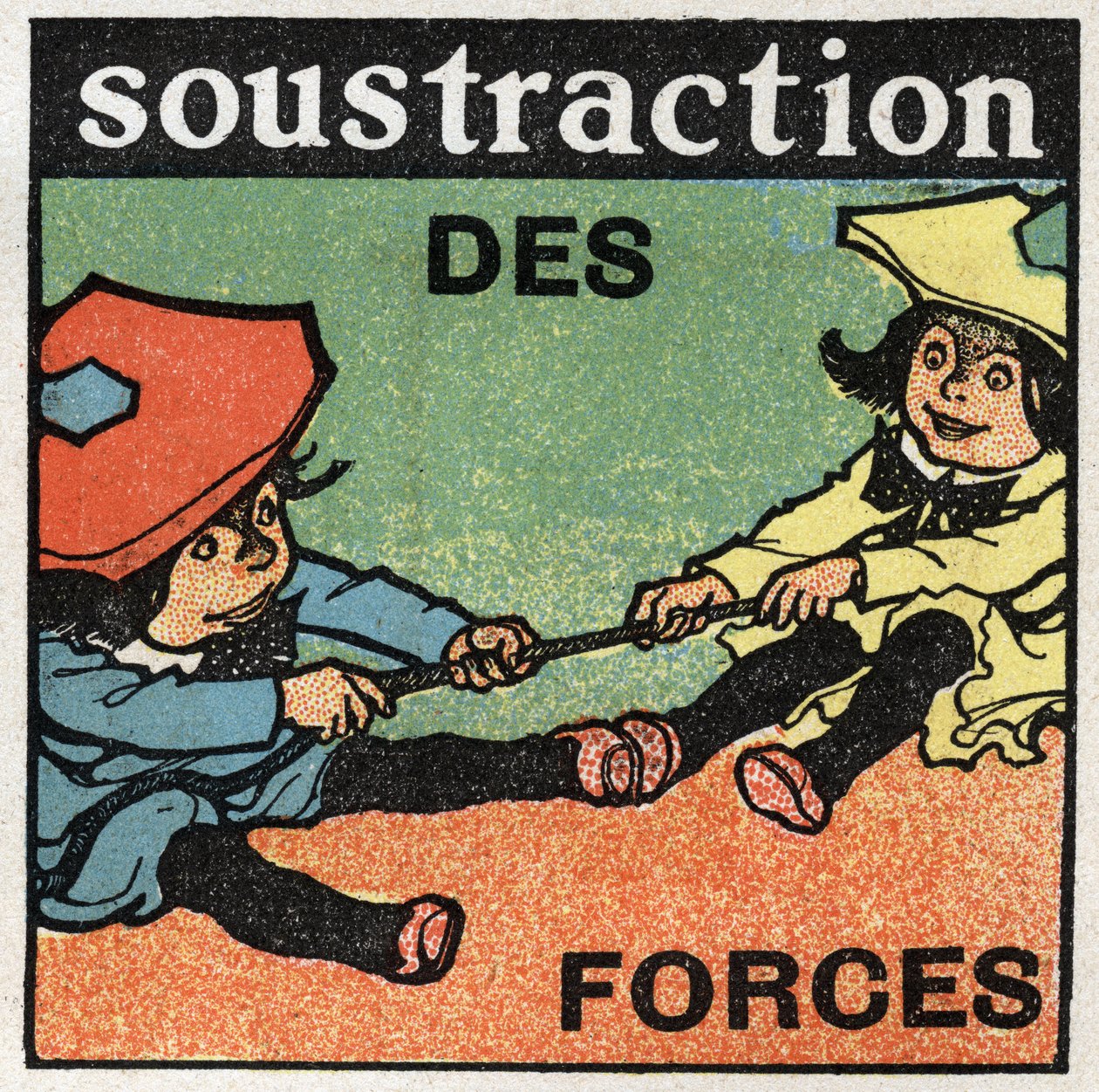 Krafter: subtraktion av krafter. Två barn som drar ett rep. Anonym illustration från 1925. Privat samling. av Anonymous Anonymous