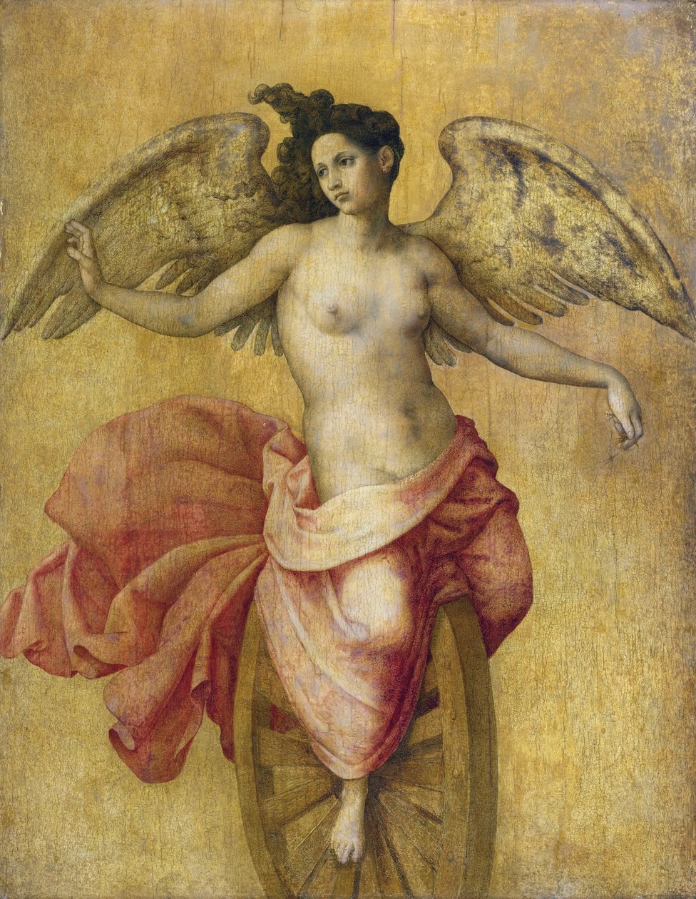Fortune sur une roue - Fortuna på ett hjul, Anonym. Olja på trä, storlek: 78,7x61, ca. 1550, Privat samling av Anonymous Anonymous