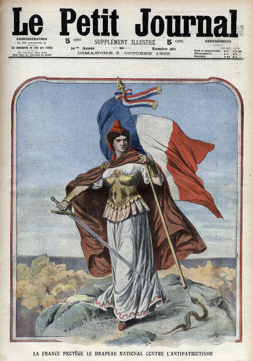 Frankrike (Marianne) skyddar den nationella flaggan mot antipatriotism - "" Le Petit Journal"" från oktober 1909 av Anonymous Anonymous