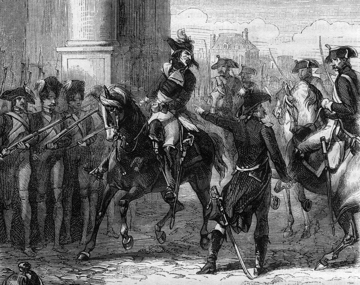 Francois Hanriot (1761-1794), fransk revolutionär vid dörren till konventet (9 thermidor 1794) - Gravyr i "Histoire des Girondins" av Alphonse de Lamartine (1790-1869) 1865-1866 - Privat samling av Anonymous Anonymous