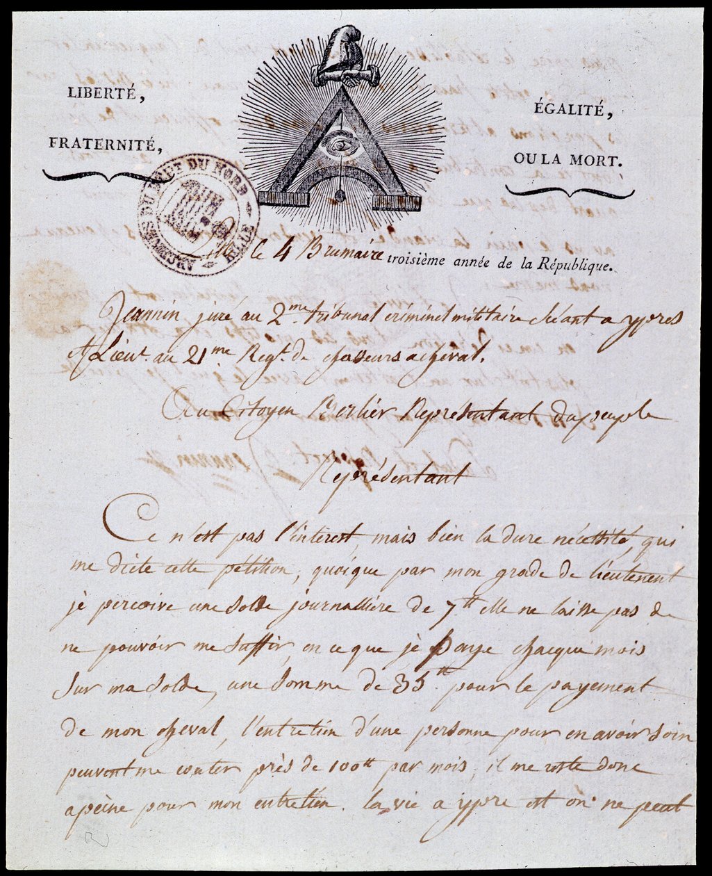 Franska revolutionen: första sidan och rubriken på ett militärt administrativt brev 4 dimma år III (1794-10-25) daterat 18 Frimaire år III (1794-12-08) med den republikanska inskriptionen "Liberte Egalite, Fraternite ou la Mort" och symboler av Franco-Maco av Anonymous Anonymous
