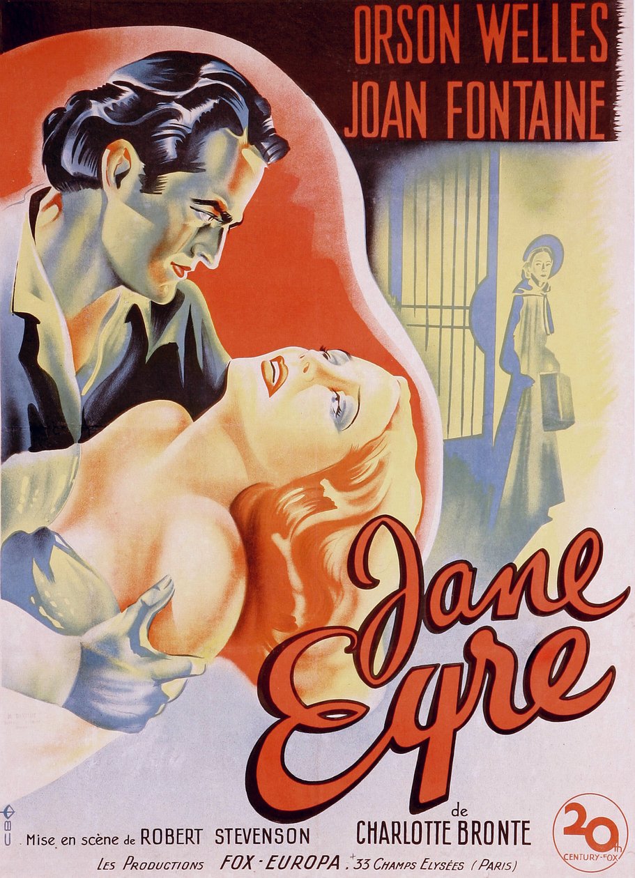 Fransk filmaffisch för filmen "" Jane Eyre" skriven av Charlotte Bronte och regisserad av Robert Stevenson 1944 med skådespelarna Orson Welles som Edward Rochester och Joan Fontaine som Jane. Privat samling. av Anonymous Anonymous