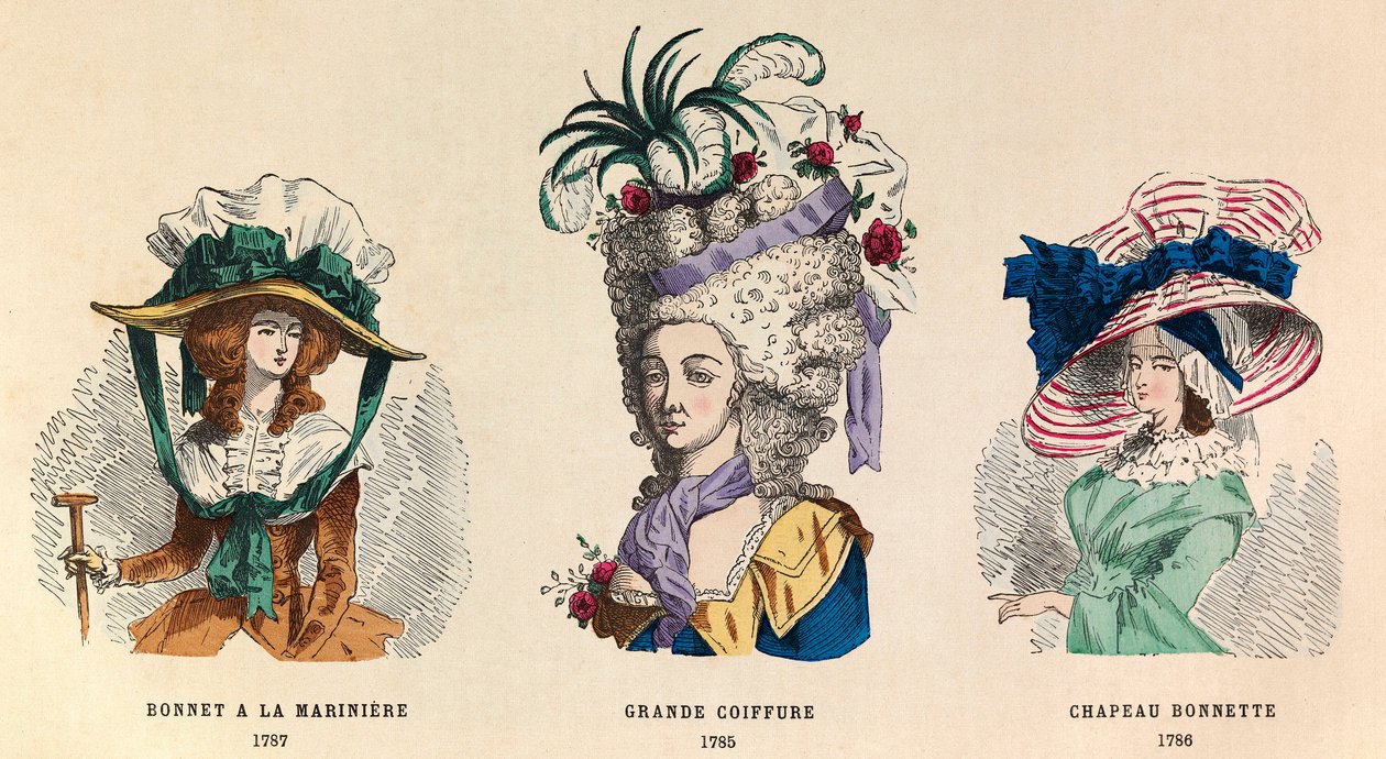 Mai le agavale i le matuu: Hat a la mariniere i le 1787; Grande Hairstyle i le 1785 ma le Hat Bonnette i le 1786 - fa