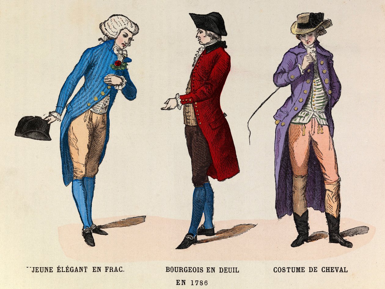 Från vänster till höger: En ung elegant i frac; En borgare i sorg och en hästkostym 1786 - privat samling av Anonymous Anonymous