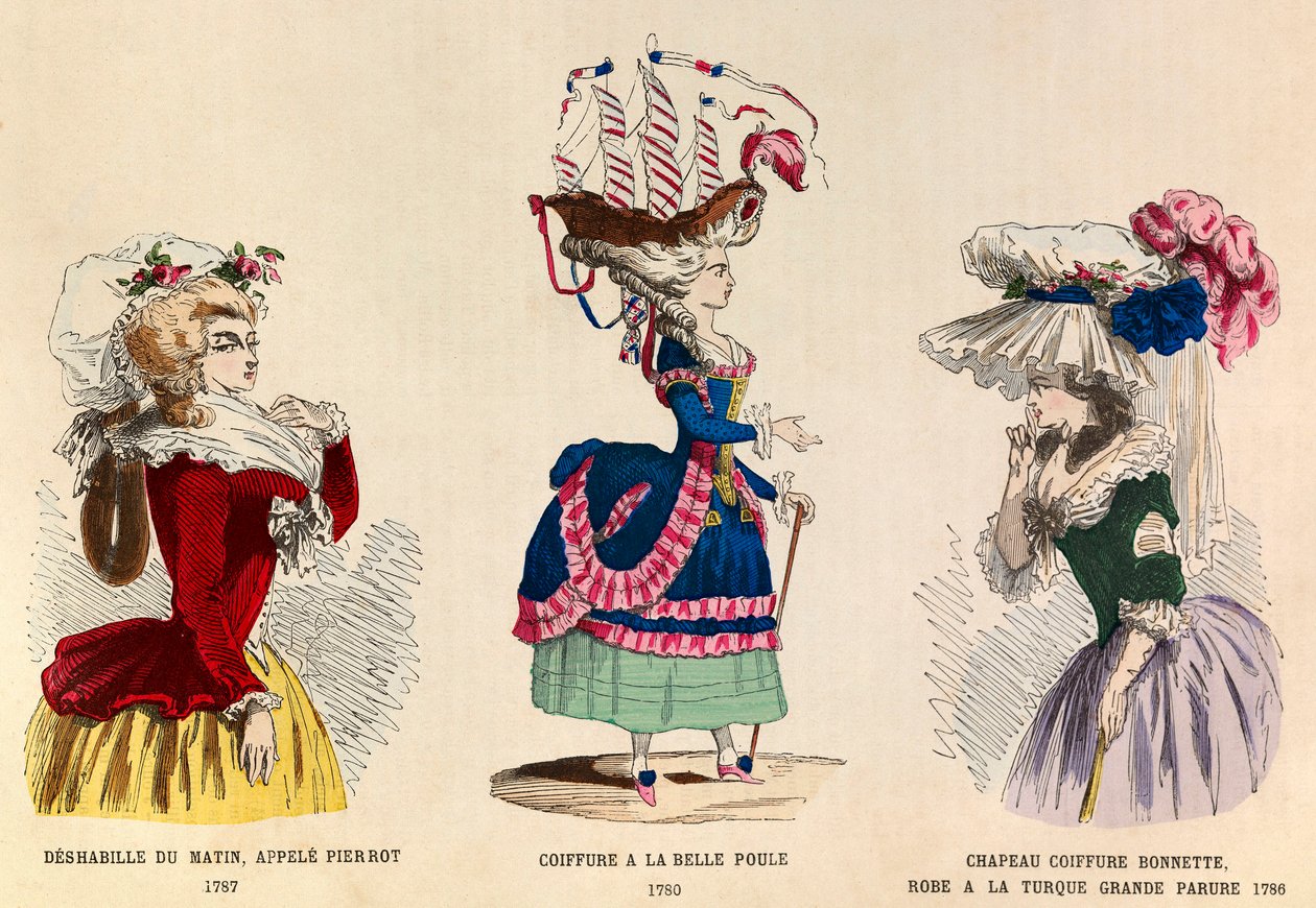 Från vänster till höger: Deshabille du matin kallad Pierrot 1787; Frisyr a la Belle Choule 1780; Hatt hatt och klänning en turkisk stor prydnad 1786 - privat samling av Anonymous Anonymous