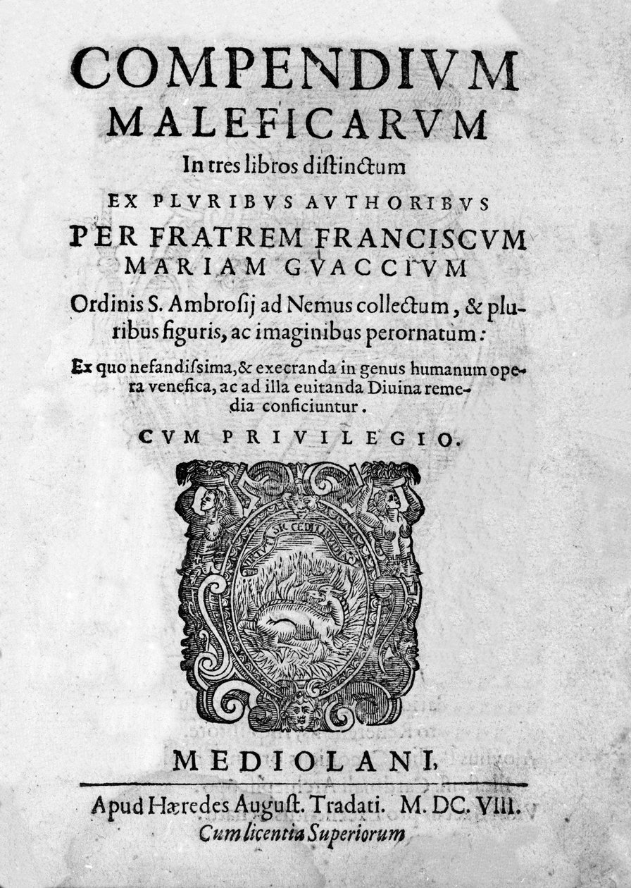 Frontispice af "" Compendium Maleficarum"", omhandler hekse, deres ondskab og deres sortileges af Francesco Maria Guazzo eller Guaccio eller Guaccius (15?? -16??) 1608swed. av Anonymous Anonymous