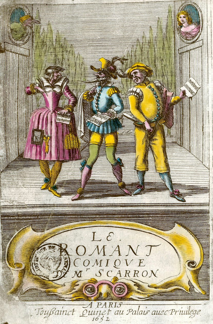 Frontispice till "Den komiska romanen" av den franske författaren Paul Scarron (1610-1660). av Anonymous Anonymous