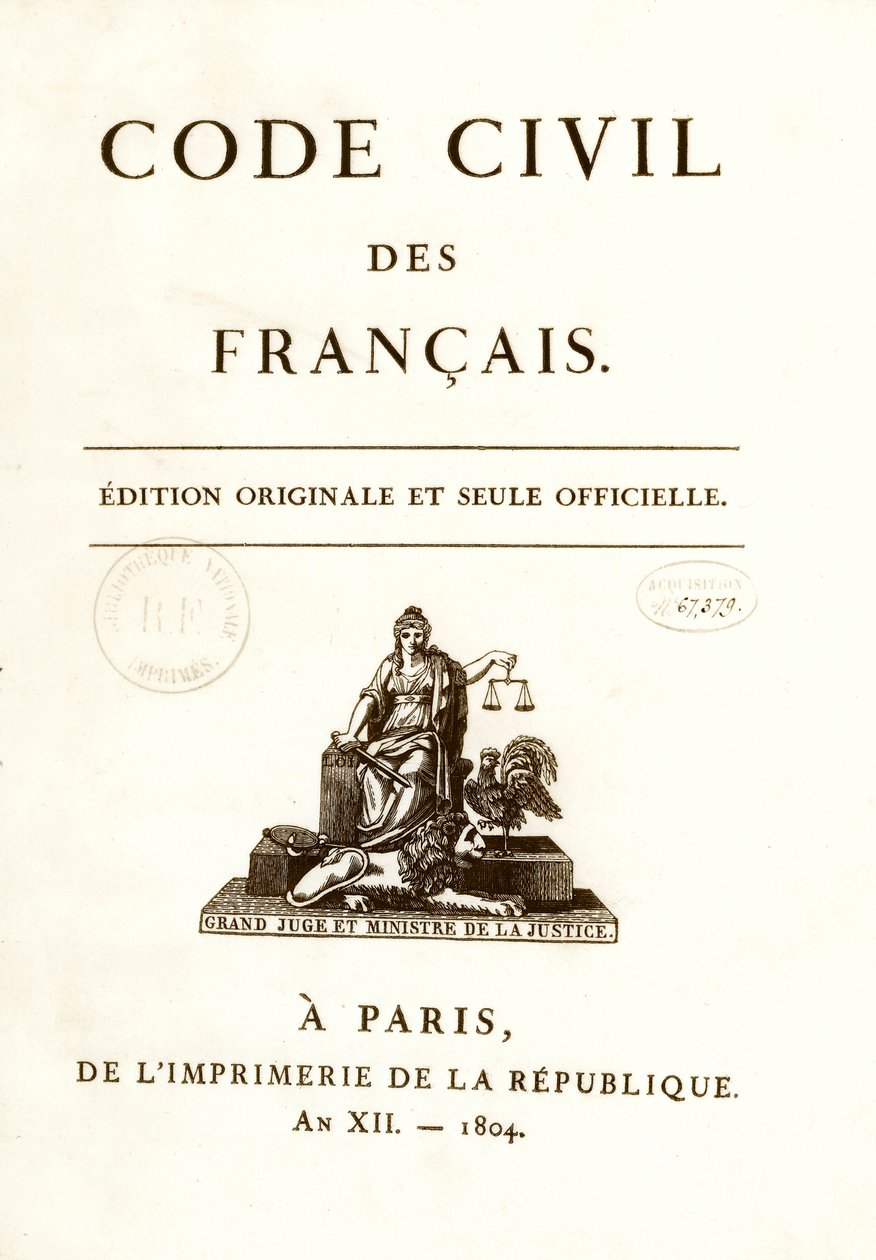 Frontispice av en av de tolv originalutgåvorna av "Code civil des francais"" som offentliggjordes av Napoleon Bonaparte den 21/03/1804. franska medborgarrättslagen. B.N. Paris av Anonymous Anonymous