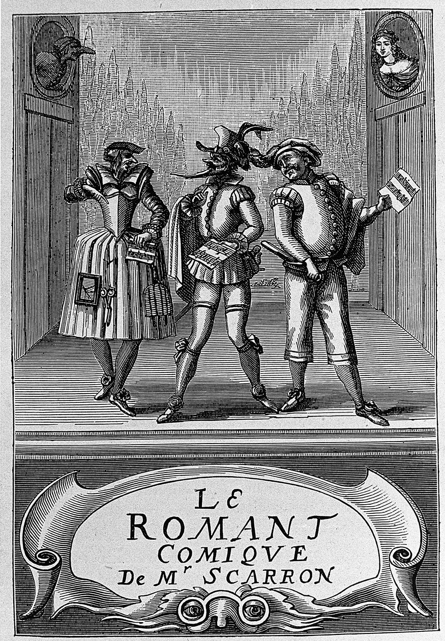 Frontispice av boken "The Comic Roman" av Paul Scarron (1610-1660), fransk författare. Gravyr av 1700-talet. av Anonymous Anonymous