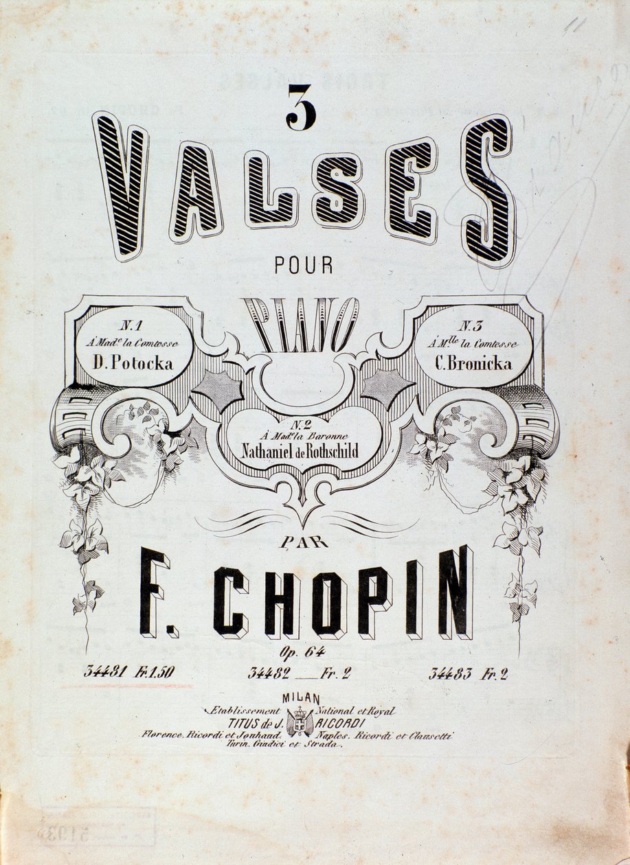 Frontispice av partituret för "3 valser för piano" av Frederic Chopin (1810-1849) Privat samling från 1800-talet av Anonymous Anonymous