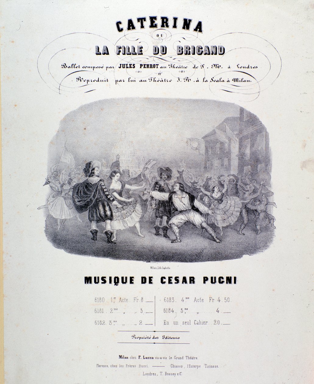 Frontispice för musiken av Catarina eller banditens dotter av Pugni för representationen på Teatro alla Scala (1847) av Anonymous Anonymous