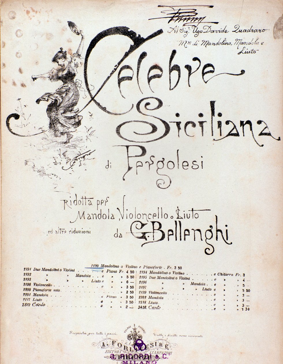 Frontispice från partitur av Celebre siciliana tillskriven GB Pergolese av Anonymous Anonymous
