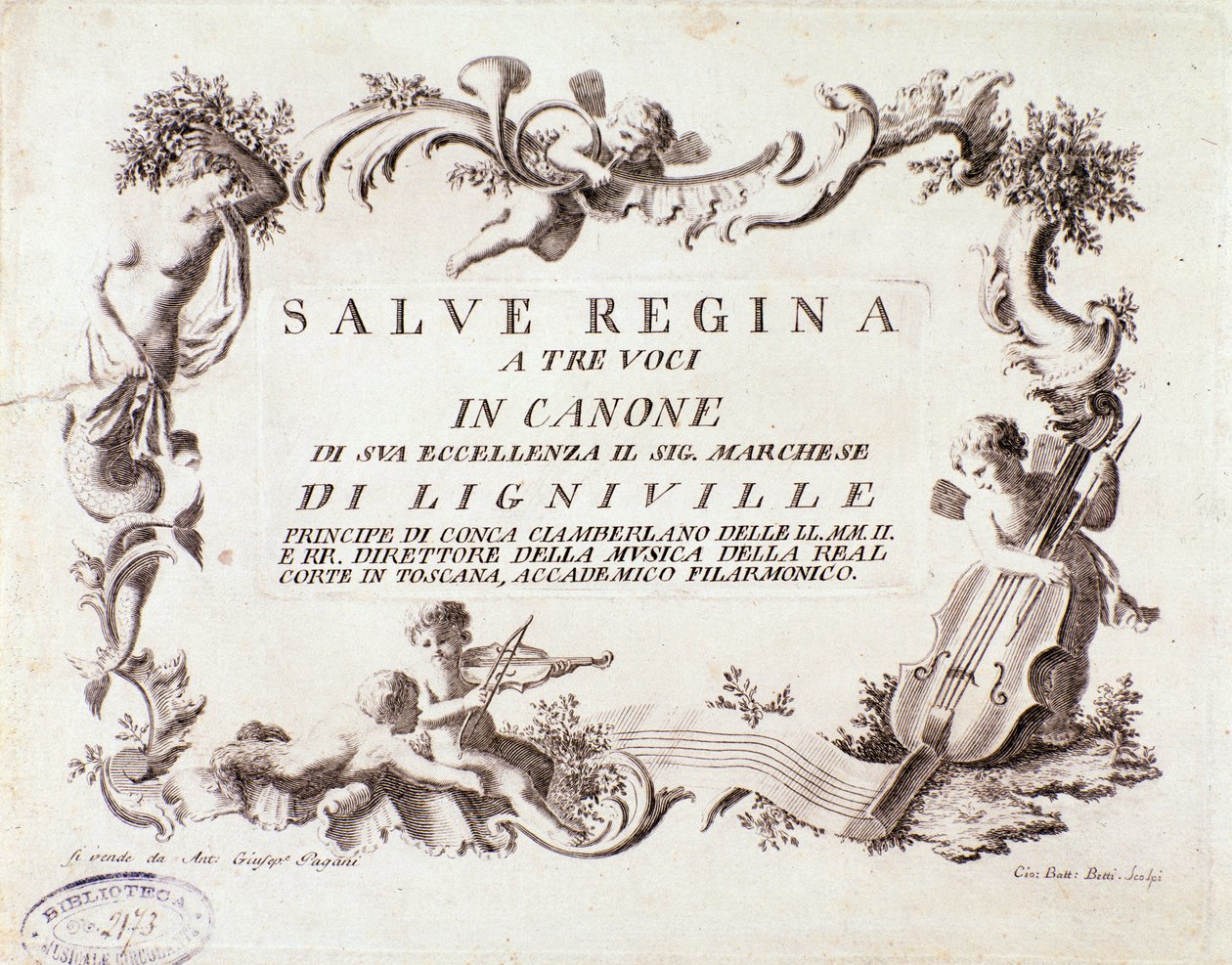 Frontispice av ett partitur av Salve regina hymn för tre röster av markisen av Ligneville (1768) av Anonymous Anonymous