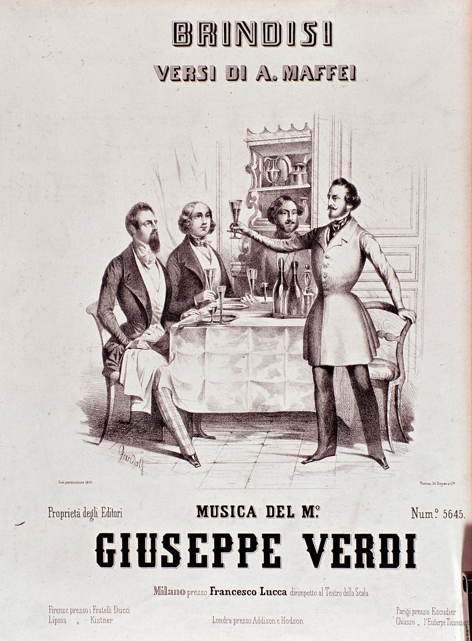 Frontispice av musikaliska partitur av Brindisi av Giuseppe Verdi efter Andrea Maffei poesi av Anonymous Anonymous