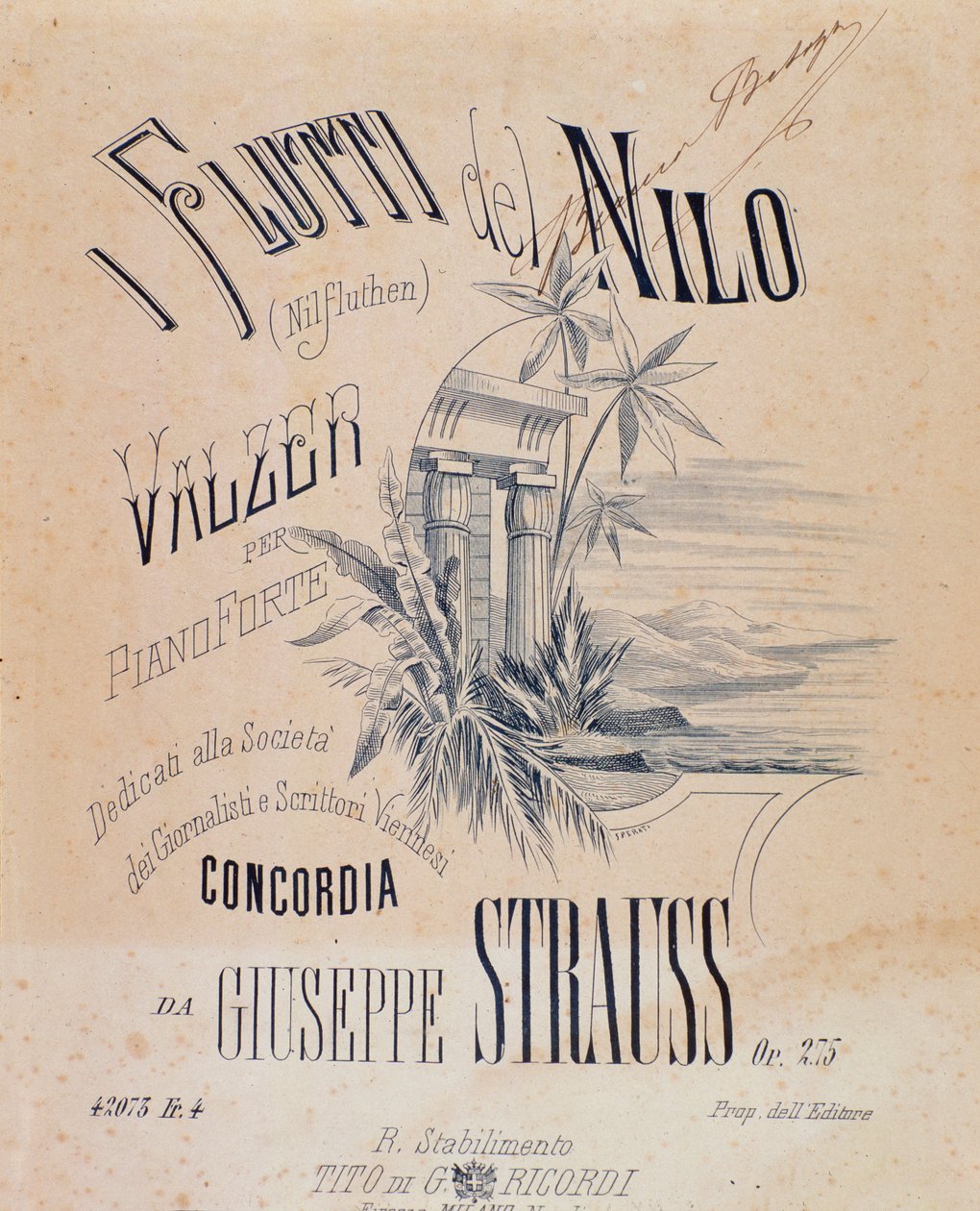 Frontispice av partitur av Nile Waters Waltzes for Piano av Josef Strauss av Anonymous Anonymous