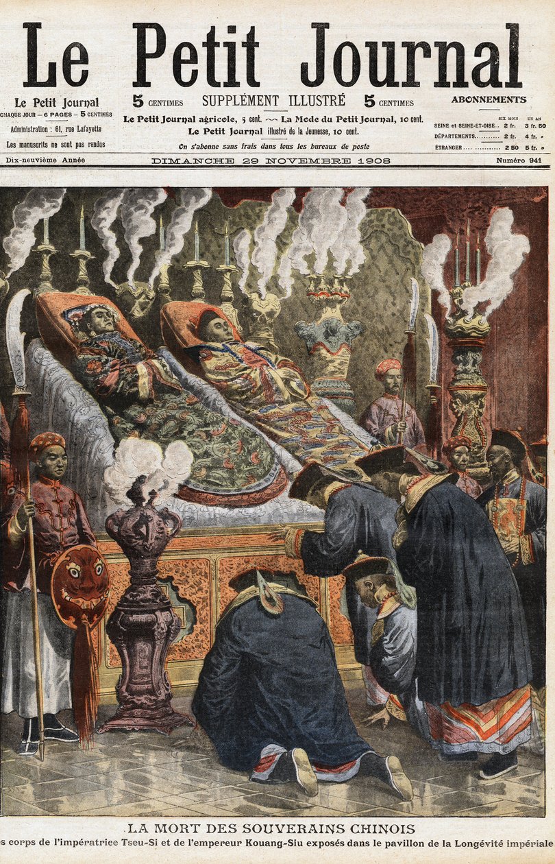 Kinesiska härskares begravning: kropparna av Imperator of China Yehenara, kejsarinnan Xiao Ding Jing (1868 - 1913) och kejsar Guangxu eller Kuang-Siu (Kouang Siu), Kinas kejsare under Qingdynastin (1872-1908) utställda i paviljongen av imperiale longevite. av Anonymous Anonymous