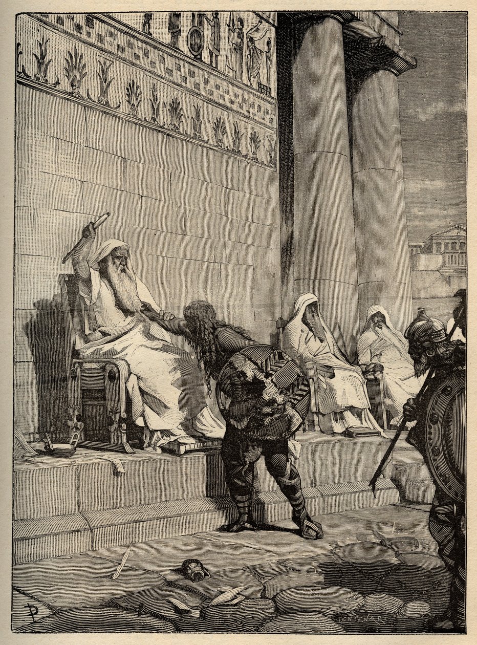 Den galliske ledaren Brennus (Brennos) återvänder till den romerska huvudstaden 390 f.Kr. - Gallerna i Rom - Plundringen av Rom - gravyr 1890 av Anonymous Anonymous
