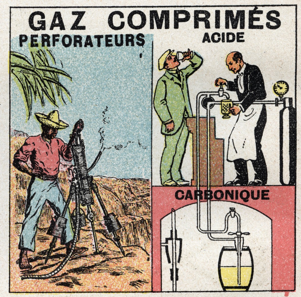 Gastryck: gaspannor som används för tryckluftsborrar och vid tillverkning av öl. Anonym illustration från 1925. Privat samling. av Anonymous Anonymous